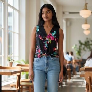 Worthington ladies Black floral sleeveless blouse (Size PS)